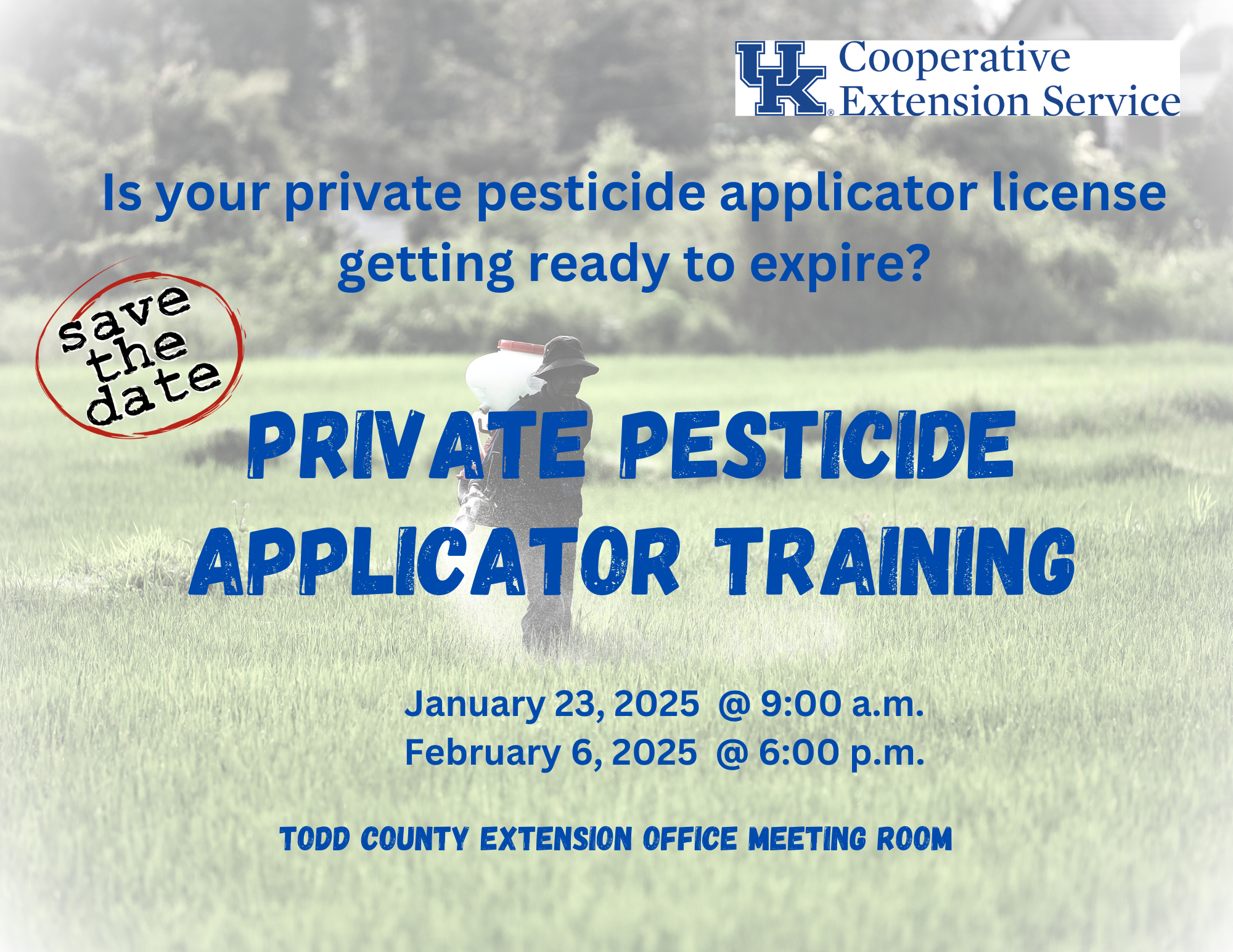 Private Pesticide Applicator Training dates set for January 23, 2025 @ 9:00 a.m. and February 6, 2025 @ 6:00 p.m.