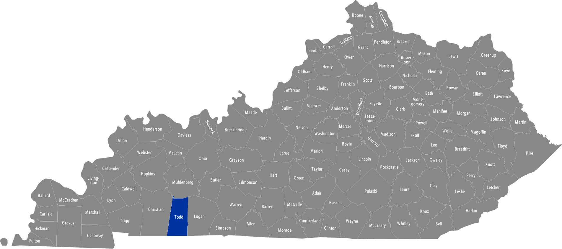State of Kentucky map with Todd County highlighted